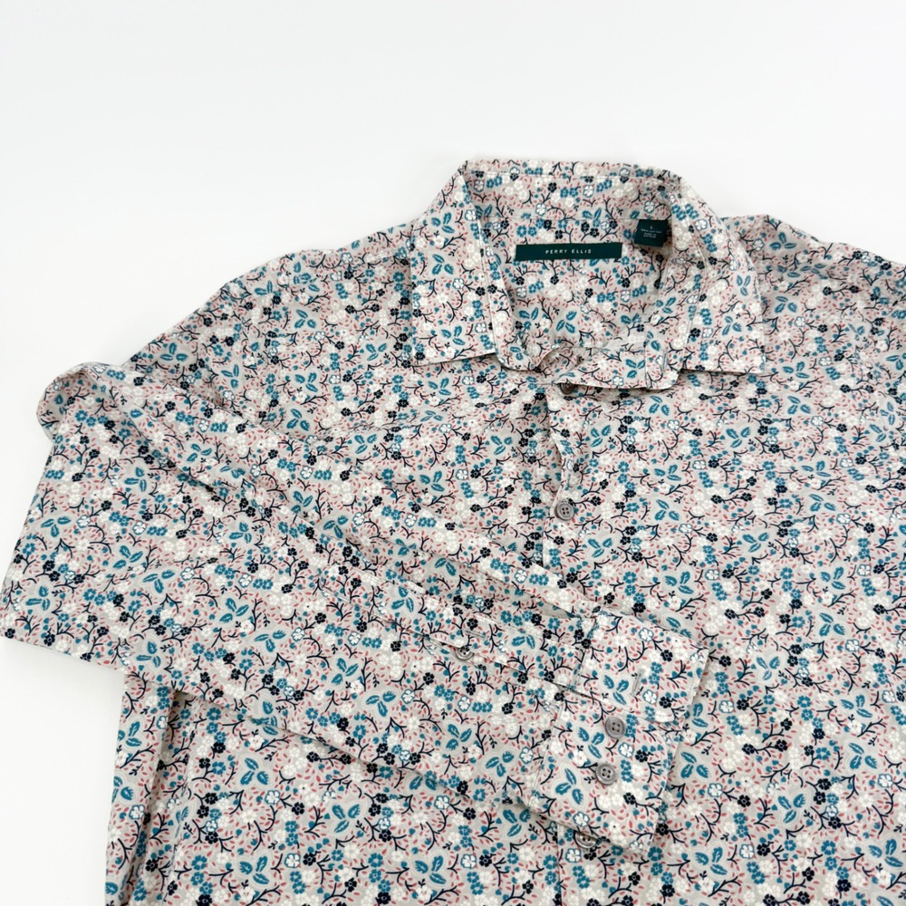 Perry Ellis Mens Large Floral Button Down Shirt Long Sleeve Cotton Blue Red Whit - Picture 1 of 8